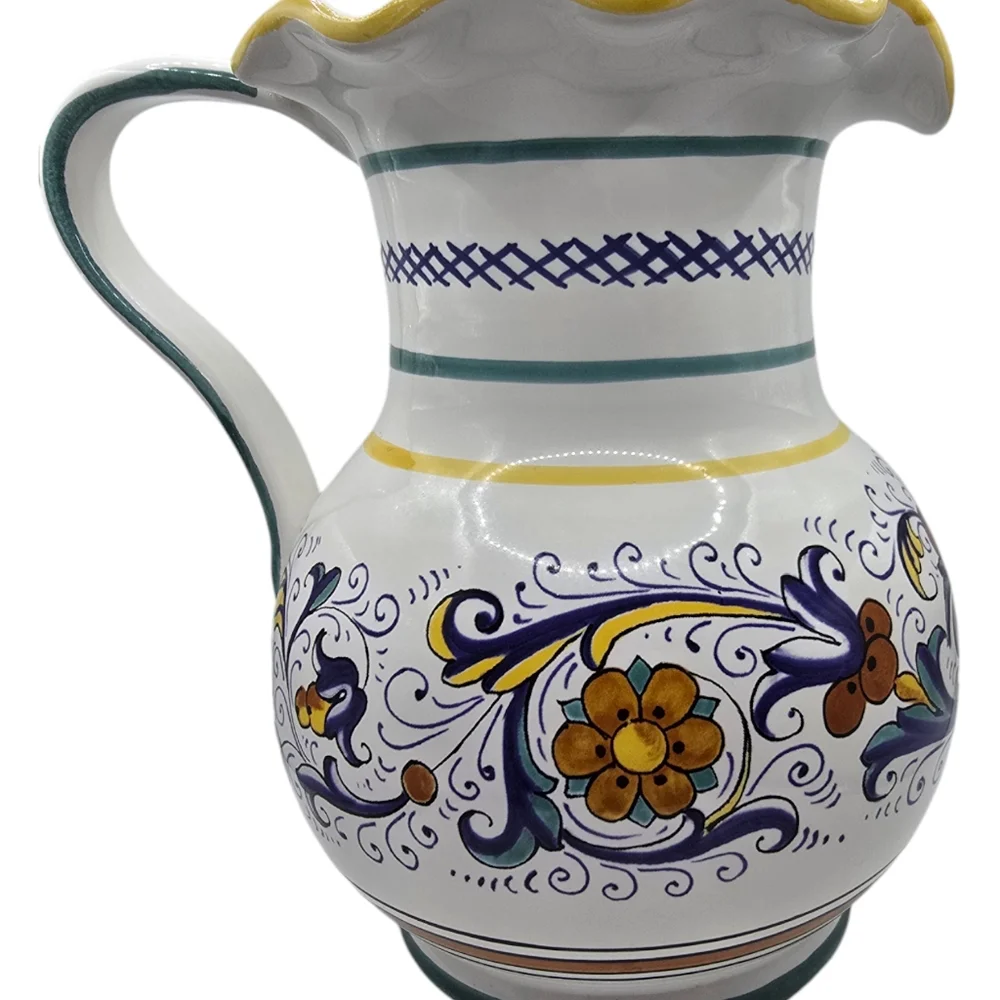 Sur La Table Pitcher Made In Italy Hand Painted Pottery Scalloped Rim Beautiful